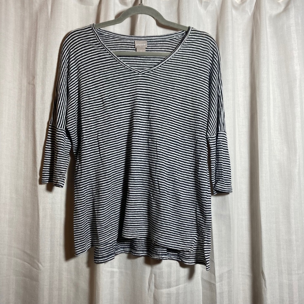 Chicos Womens Navy White Striped 100% Linen V-Neck 3/4 Sleeve Top 0 S Neutral